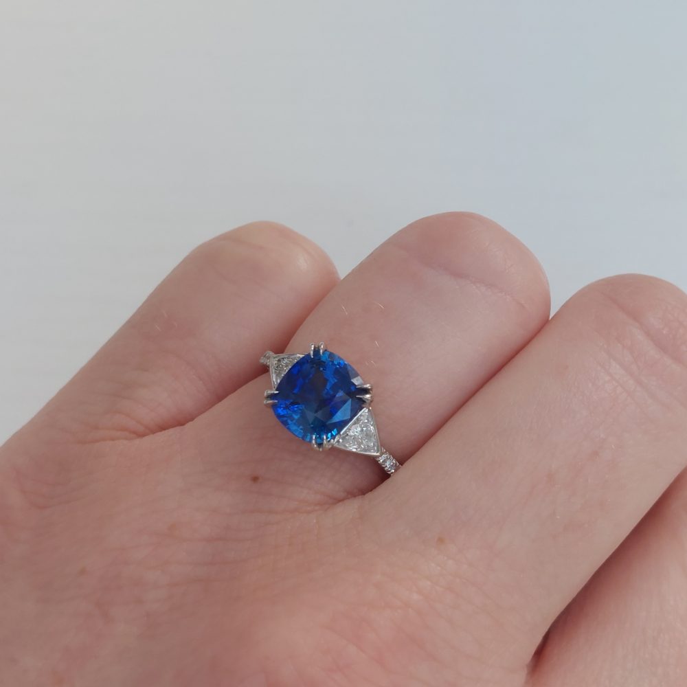 2.33ct Cushion Sapphire and Diamond Three Stone Ring