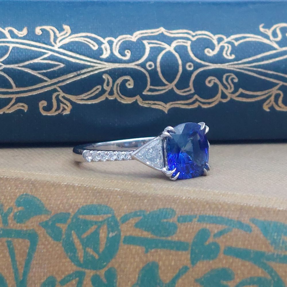 2.33ct Cushion Sapphire and Diamond Three Stone Ring
