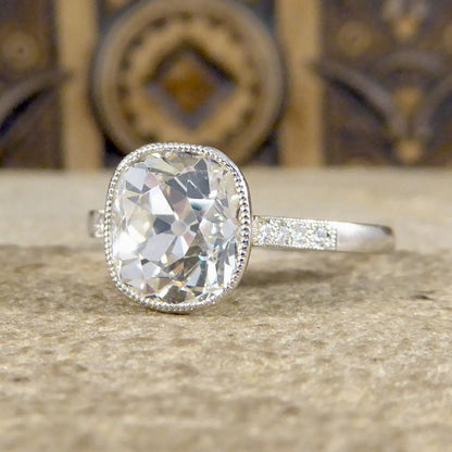 2.35ct Old Cushion Cut Diamond Solitaire Ring with Diamond Shoulders