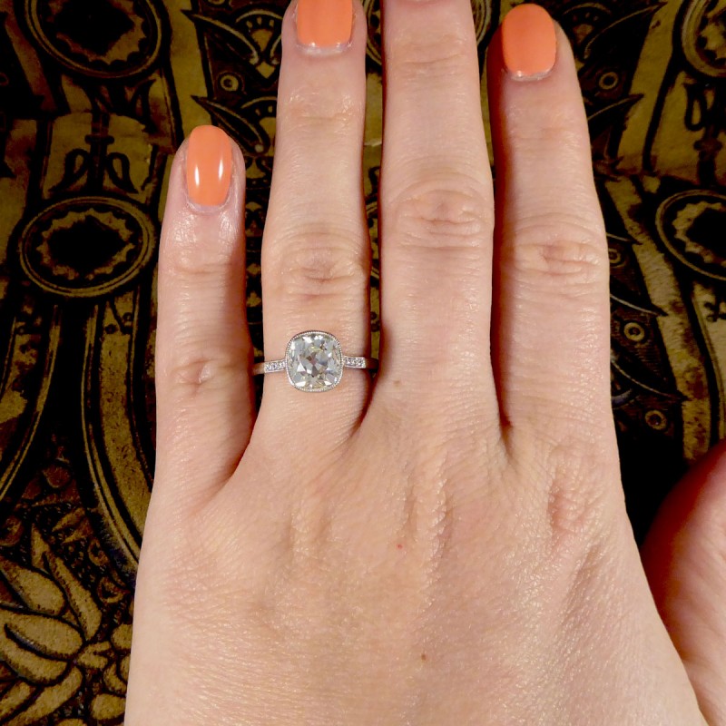 2.35ct Old Cushion Cut Diamond Solitaire Ring with Diamond Shoulders