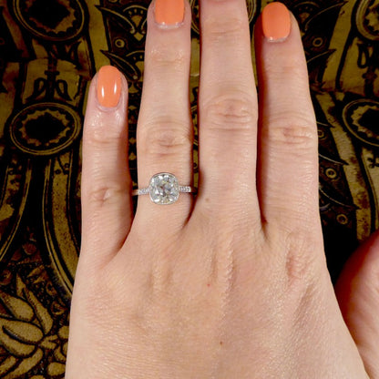 2.35ct Old Cushion Cut Diamond Solitaire Ring with Diamond Shoulders