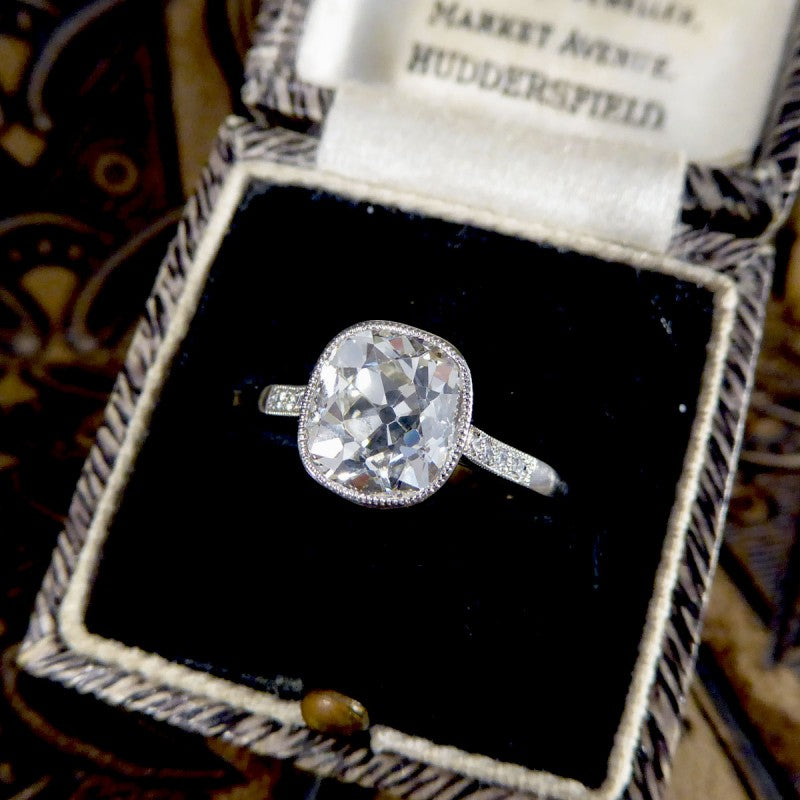 2.35ct Old Cushion Cut Diamond Solitaire Ring with Diamond Shoulders