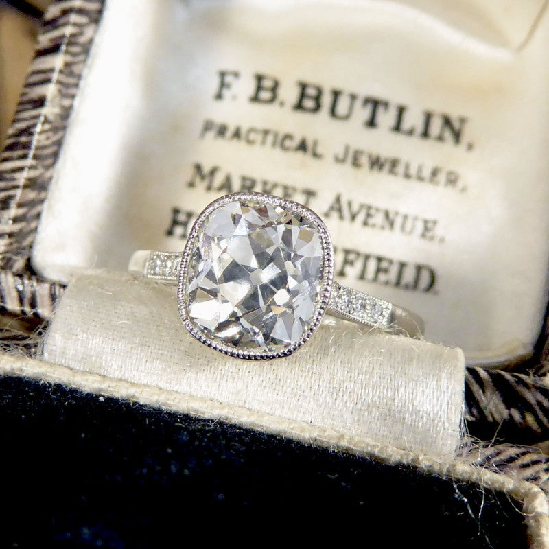2.35ct Old Cushion Cut Diamond Solitaire Ring with Diamond Shoulders