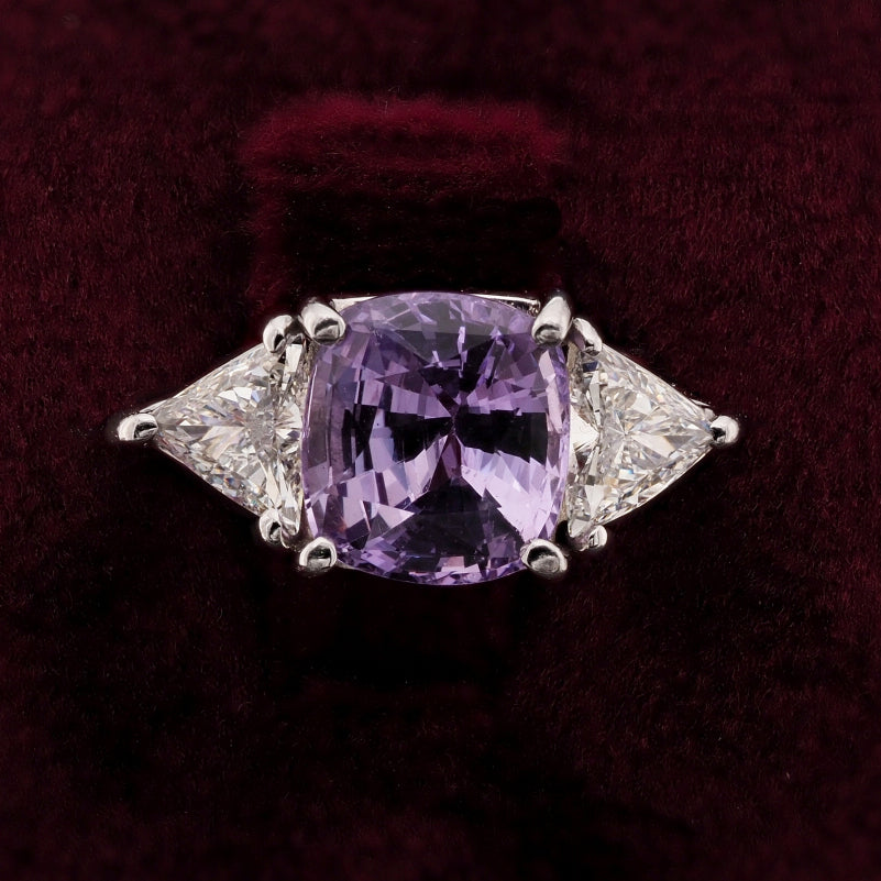 2.30ct Natural No Heat Violet Purple Ceylon Sapphire and Trilliant Diamond Three Stone Ring in Platinum