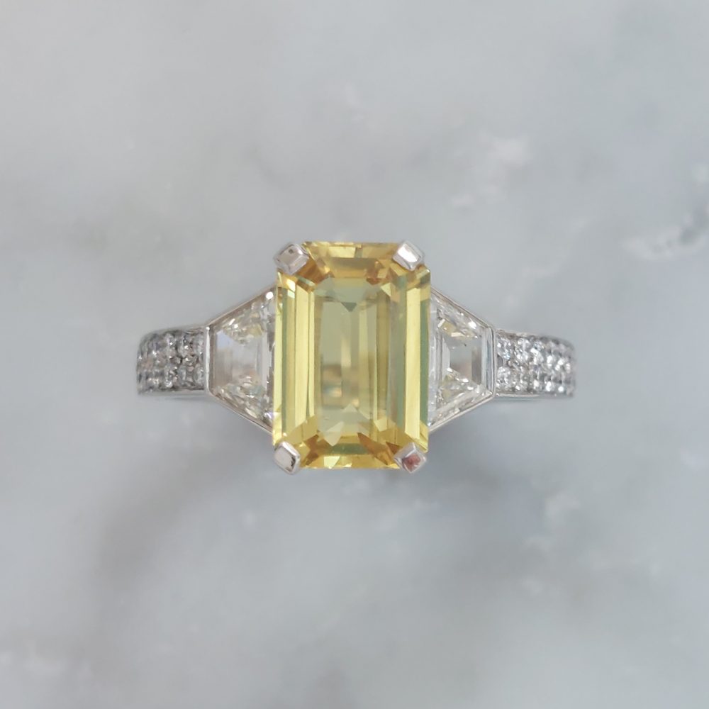 2.45ct Yellow Sapphire and Trapeze Diamond Three Stone Ring