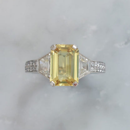 2.45ct Yellow Sapphire and Trapeze Diamond Three Stone Ring