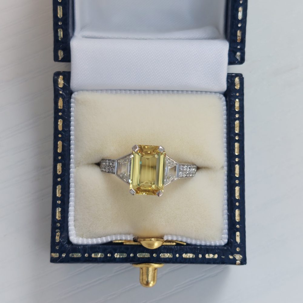 2.45ct Yellow Sapphire and Trapeze Diamond Three Stone Ring
