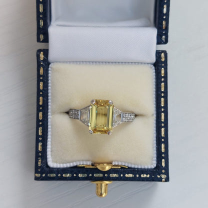 2.45ct Yellow Sapphire and Trapeze Diamond Three Stone Ring