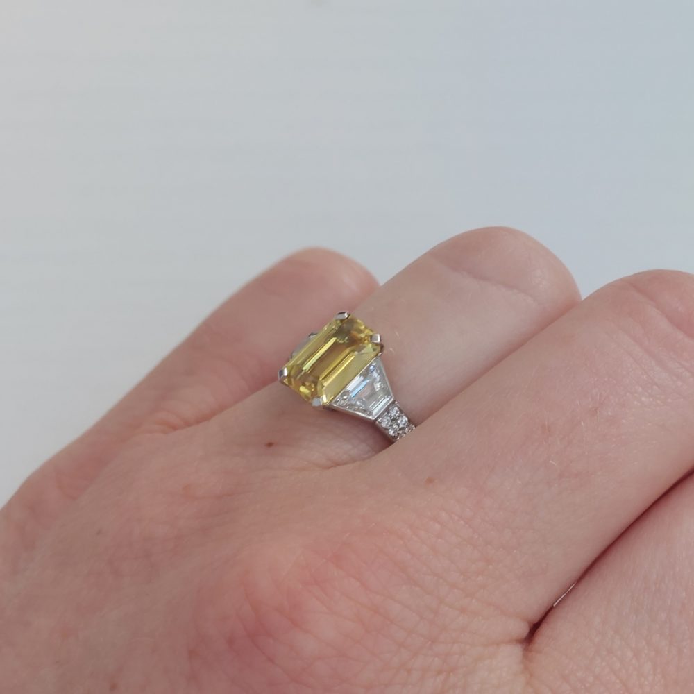 2.45ct Yellow Sapphire and Trapeze Diamond Three Stone Ring