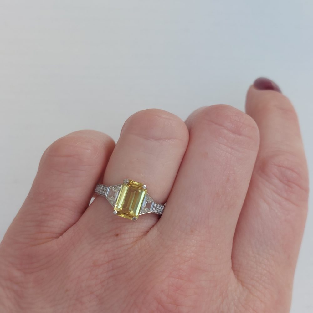 2.45ct Yellow Sapphire and Trapeze Diamond Three Stone Ring