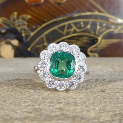 2.55ct Cushion Cut Emerald and Diamond Cluster Ring