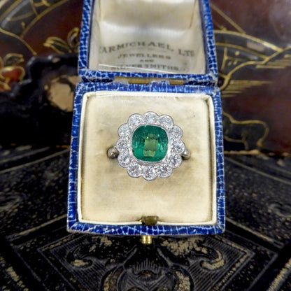 2.55ct Cushion Cut Emerald and Diamond Cluster Ring