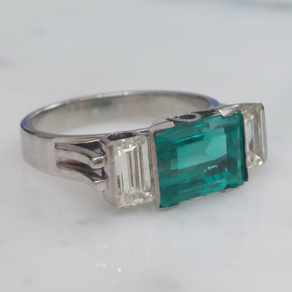 2.91ct Emerald and Diamond Three Stone Ring