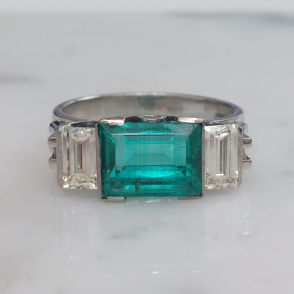 2.91ct Emerald and Diamond Three Stone Ring