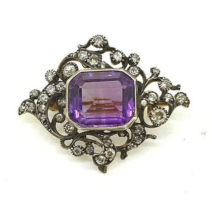 Victorian Antique Amethyst and Diamond Brooch