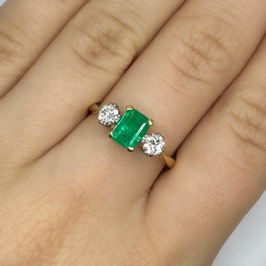 Antique Emerald and Diamond Three Stone Engagement Ring