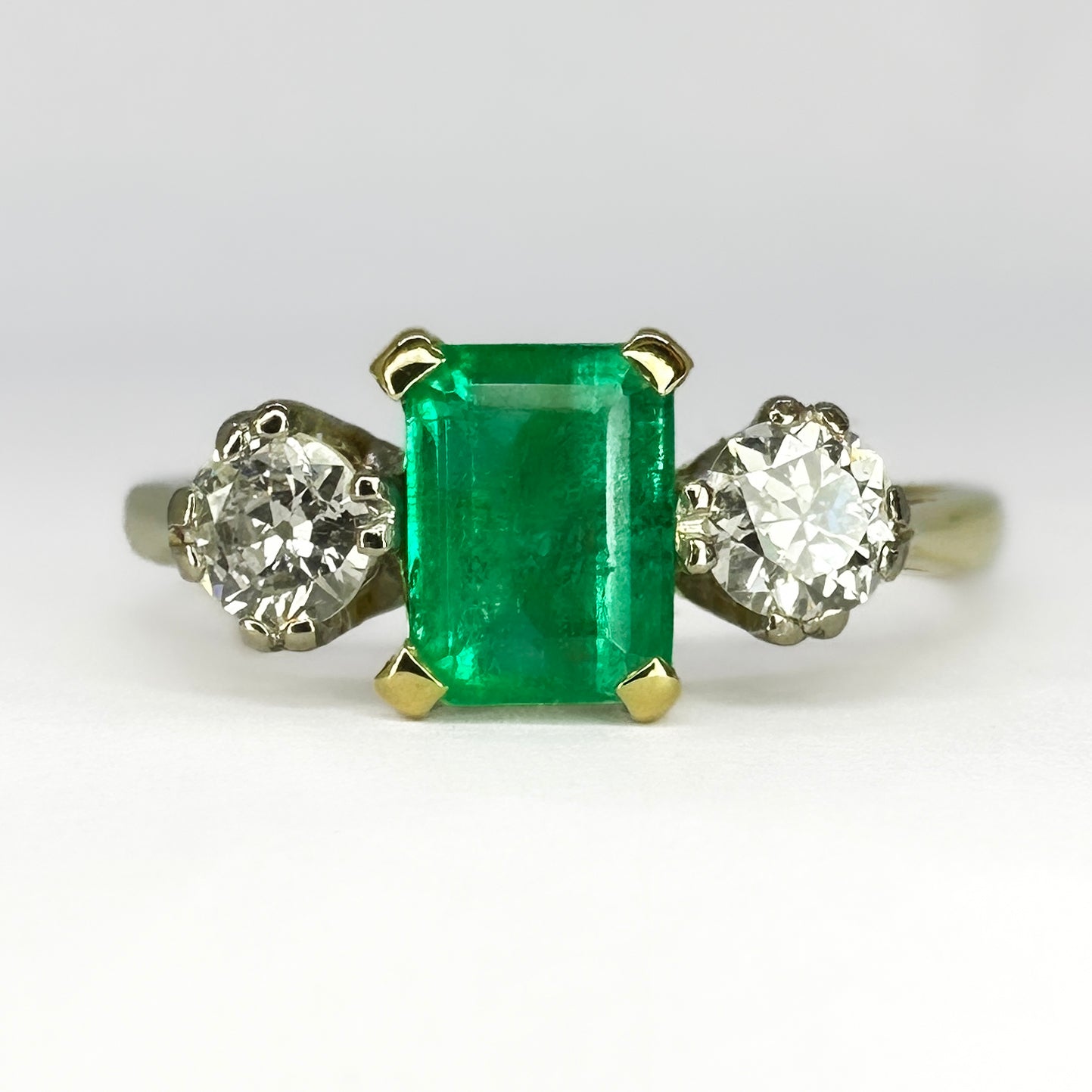 Antique Emerald and Diamond Three Stone Engagement Ring