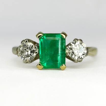 Antique Emerald and Diamond Three Stone Engagement Ring
