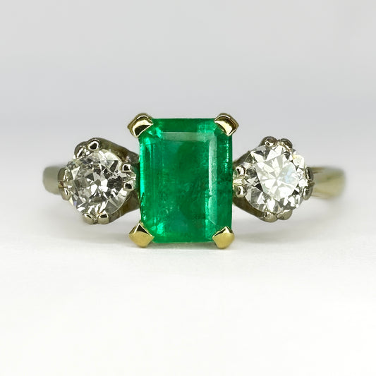 Antique Emerald and Diamond Three Stone Engagement Ring