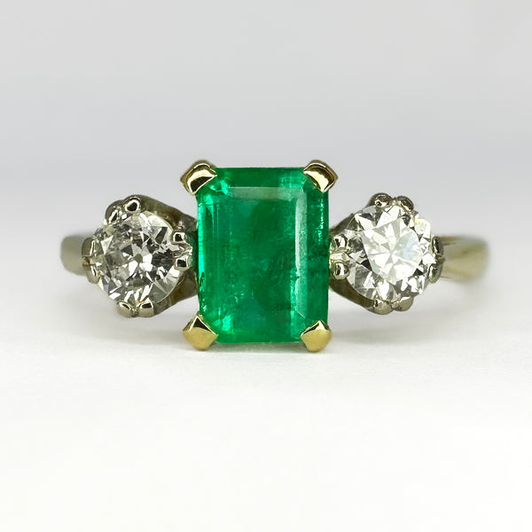 Antique Emerald and Diamond Three Stone Engagement Ring