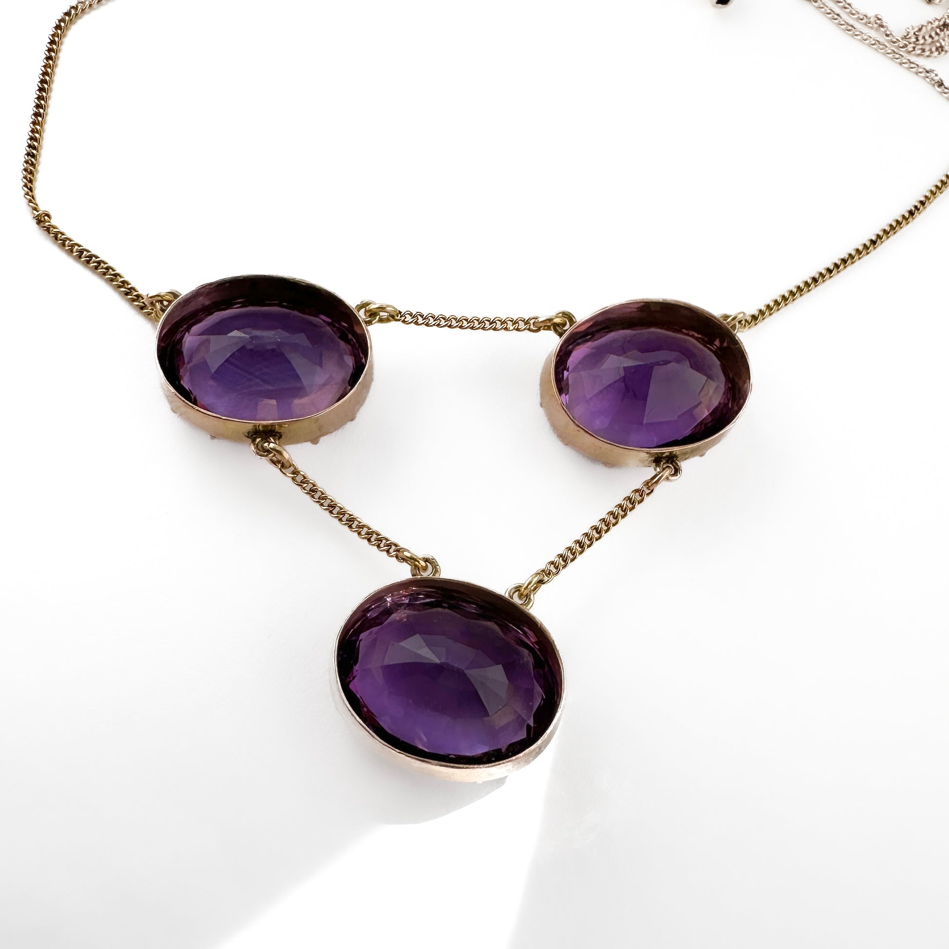 Edwardian Antique Amethyst Trilogy Drop Pendant Necklace