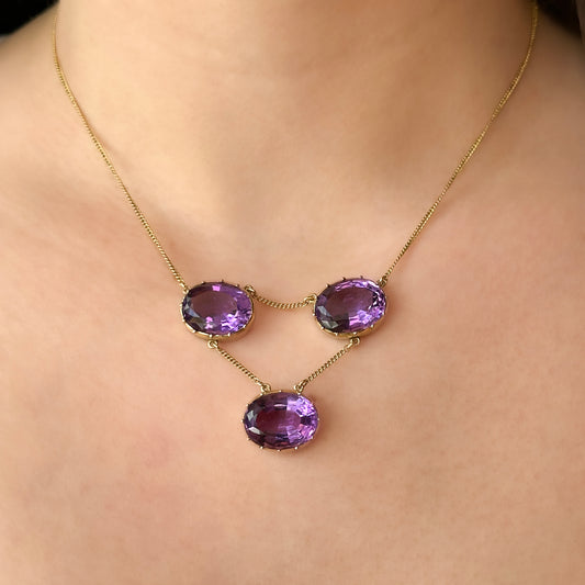Edwardian Antique Amethyst Trilogy Drop Pendant Necklace
