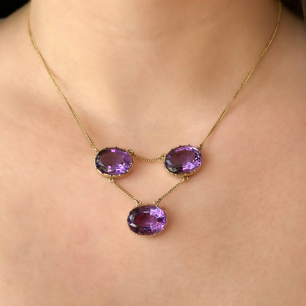 Edwardian Antique Amethyst Trilogy Drop Pendant Necklace