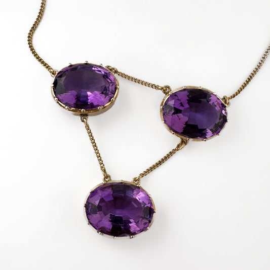 Edwardian Antique Amethyst Trilogy Drop Pendant Necklace
