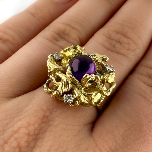 Vintage Brutalist Amethyst and Diamond Set Gold Sculptural Ring