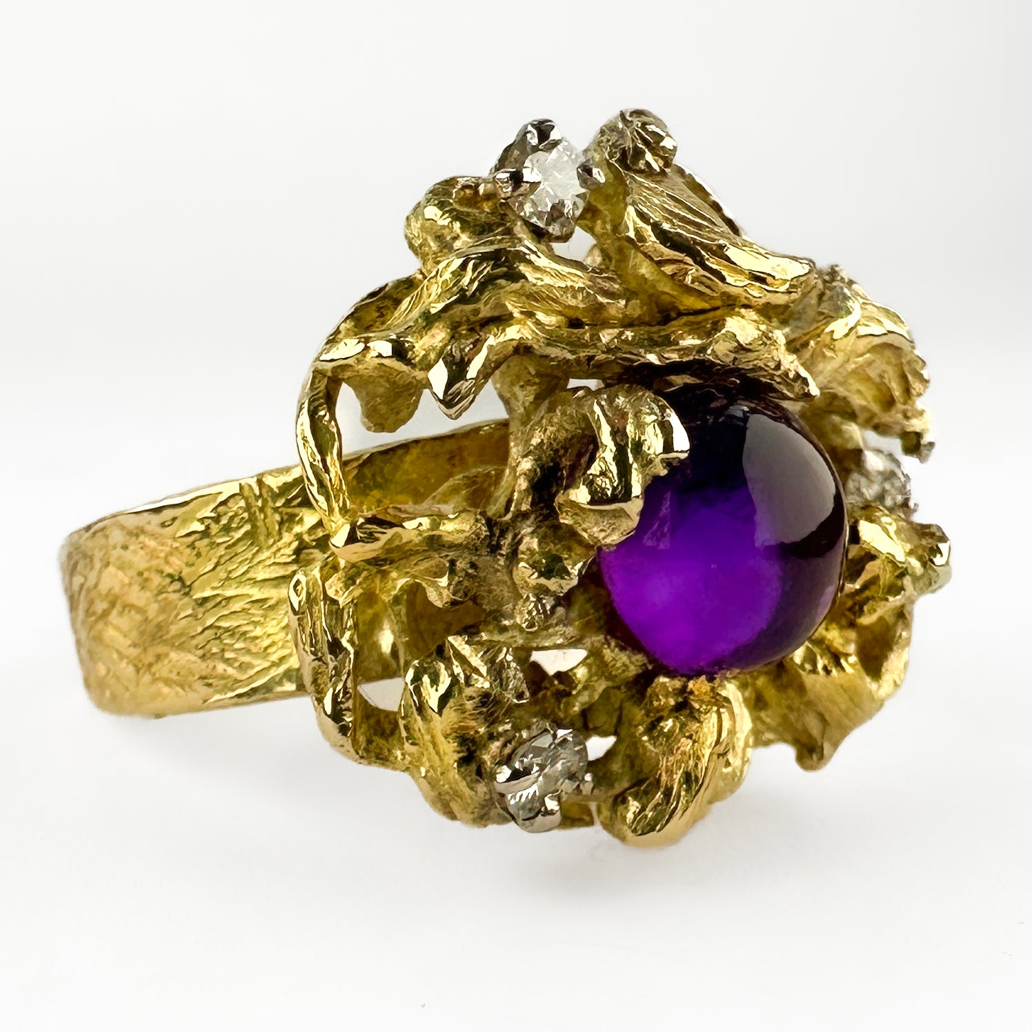 Vintage Brutalist Amethyst and Diamond Set Gold Sculptural Ring