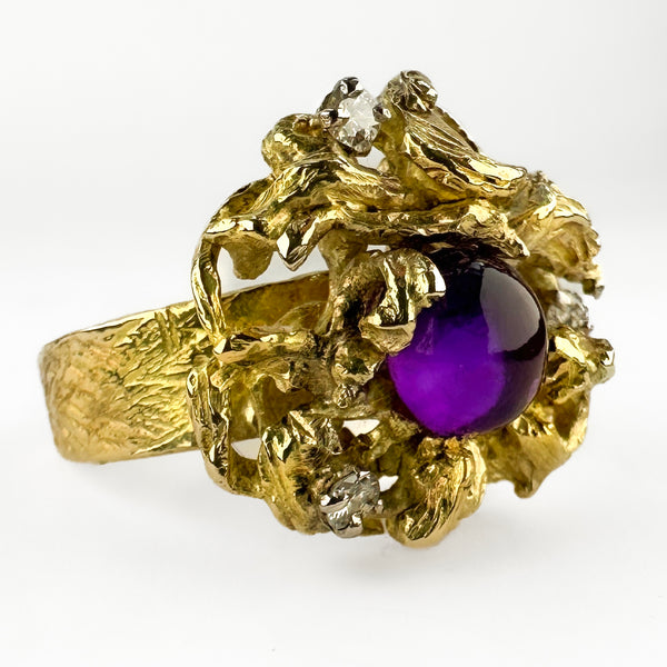 Vintage Brutalist Amethyst and Diamond Set Gold Sculptural Ring