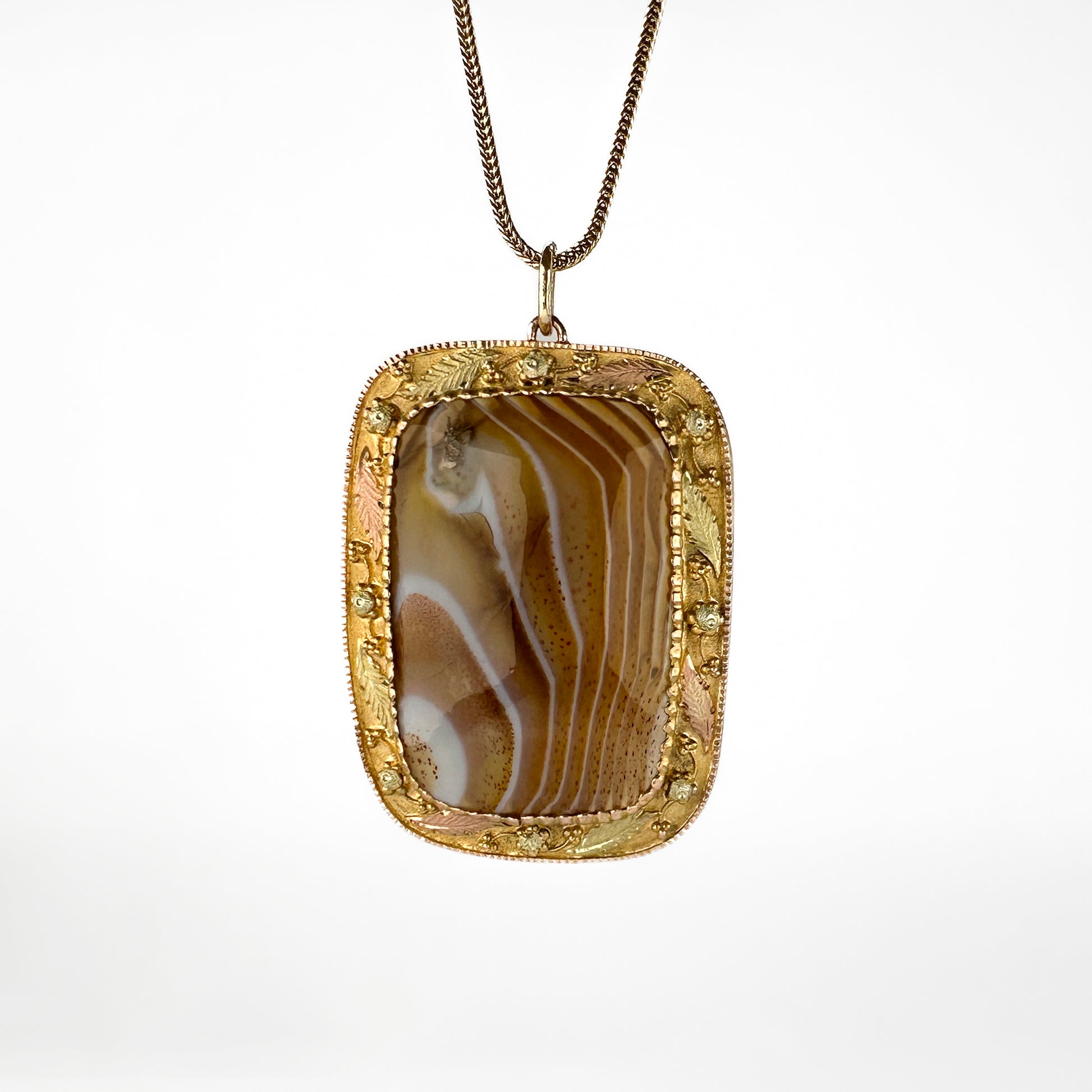 Victorian Antique Banded Agate and Gold Pendant with Chain
