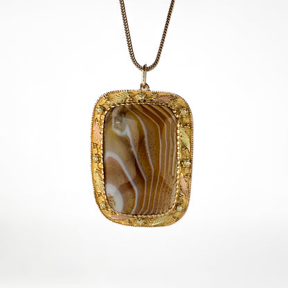 Victorian Antique Banded Agate and Gold Pendant with Chain