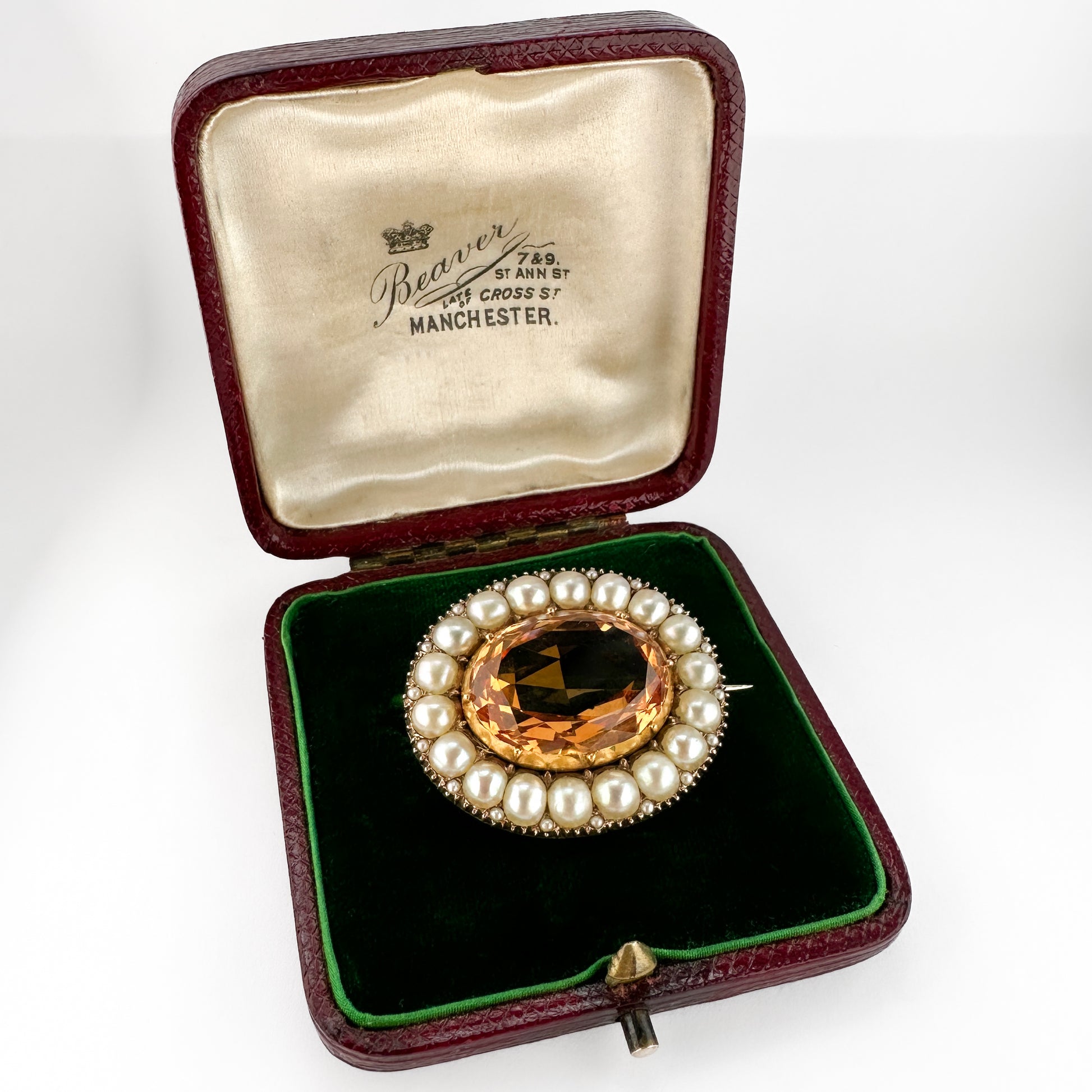 Victorian Antique Golden Topaz and Natural Pearl Oval Cluster Brooch
