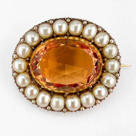 Victorian Antique Golden Topaz and Natural Pearl Oval Cluster Brooch
