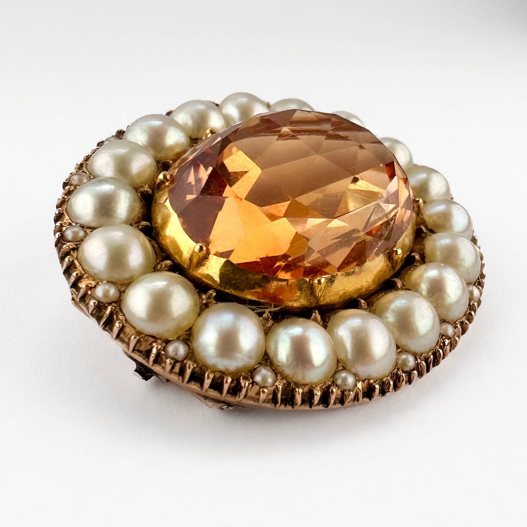 Victorian Antique Golden Topaz and Natural Pearl Oval Cluster Brooch