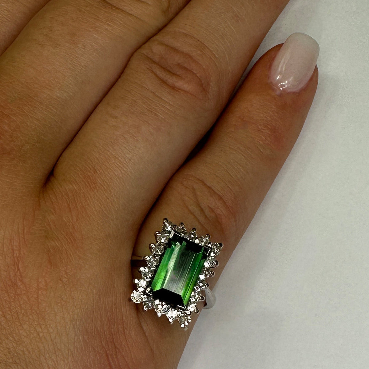 Vintage Green Tourmaline and Diamond Cluster Ring, Circa 1960