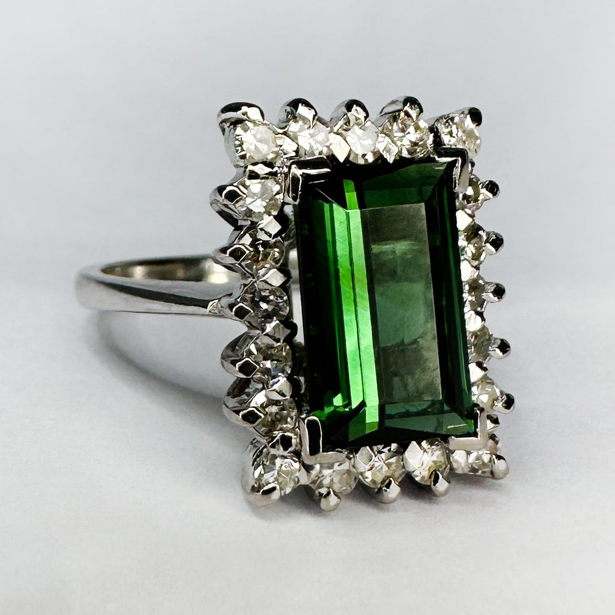 Vintage Green Tourmaline and Diamond Cluster Ring, Circa 1960