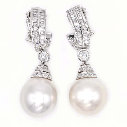 South Sea Pearl and 3.70ct Diamond Drop Earrings by Ella Gem, Two large South Sea pearls with diamond caps suspended from baguette diamond tops via diamond solitaire links in 18ct white gold