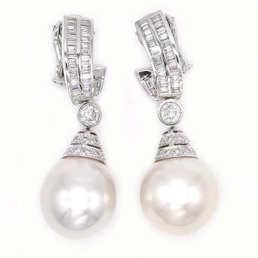 South Sea Pearl and 3.70ct Diamond Drop Earrings by Ella Gem, Two large South Sea pearls with diamond caps suspended from baguette diamond tops via diamond solitaire links in 18ct white gold