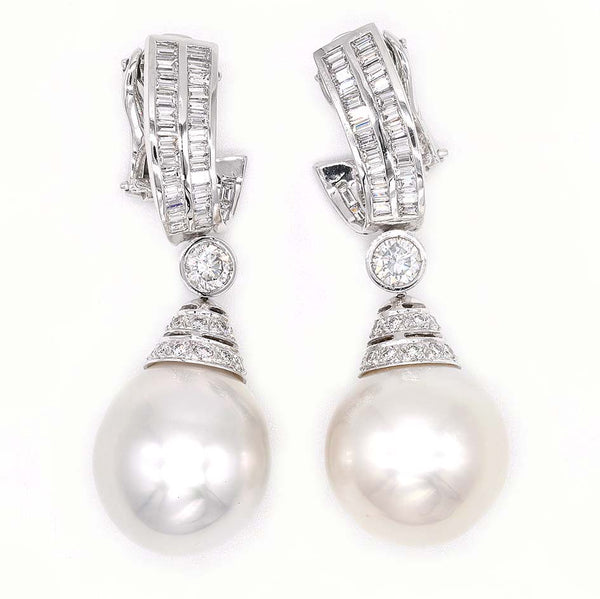 South Sea Pearl and 3.70ct Diamond Drop Earrings by Ella Gem, Two large South Sea pearls with diamond caps suspended from baguette diamond tops via diamond solitaire links in 18ct white gold