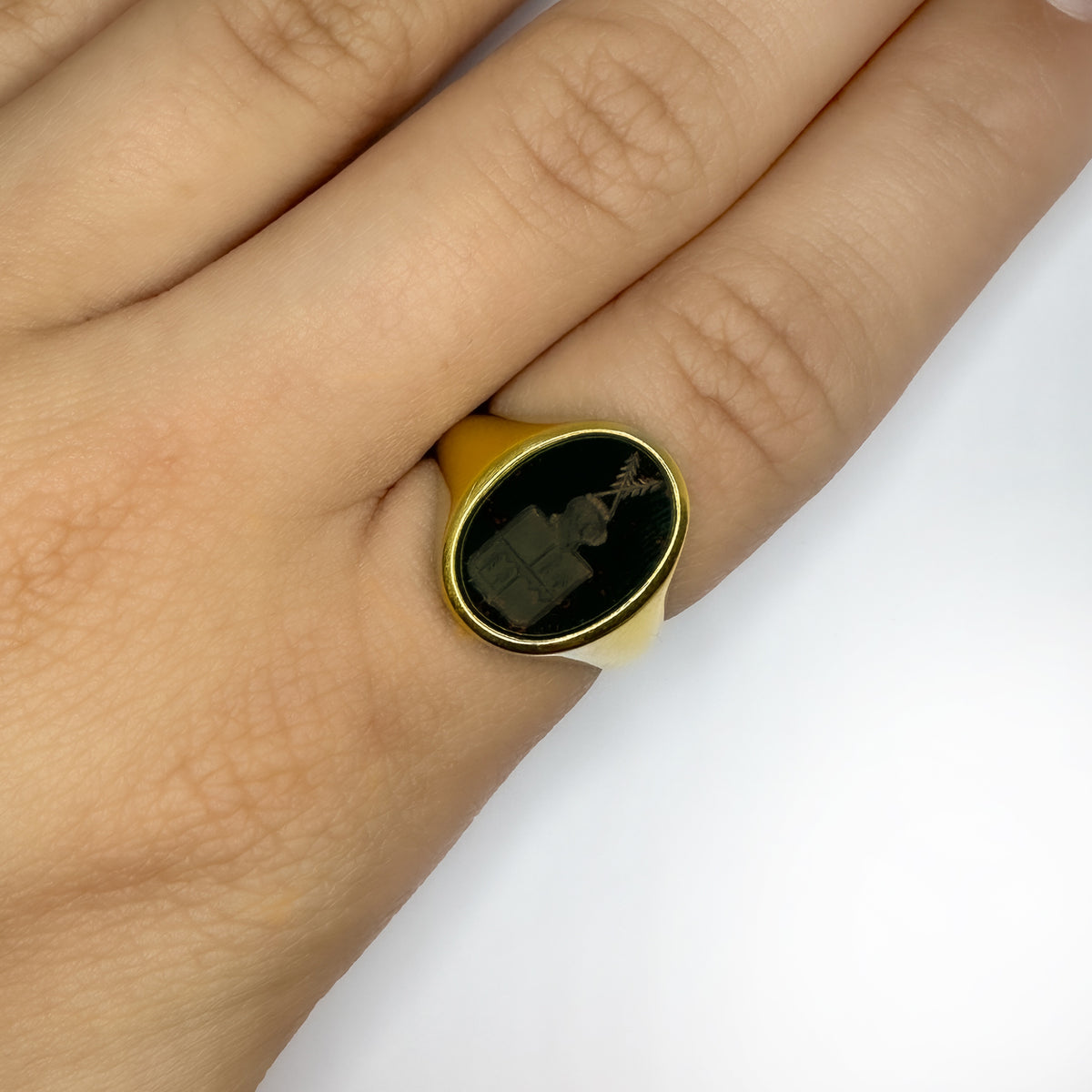 Antique Crested Bloodstone Intaglio Signet Ring