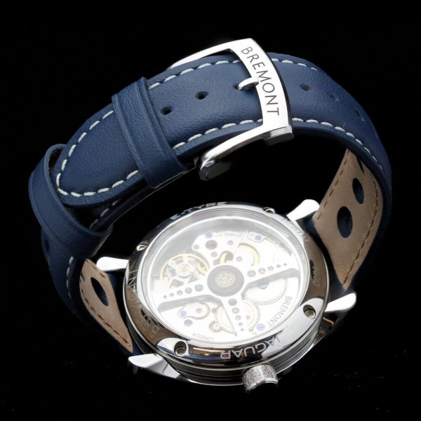 Bremont Jaguar MKI Stainless Steel Chronometer Wristwatch, with a black dial and blue leather strap, Self winding automatic C.O.S.C.