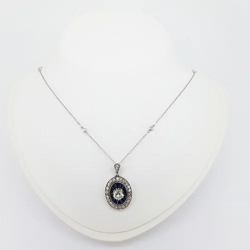 Sapphire and Diamond Oval Cluster Pendant on Diamond Set Chain
