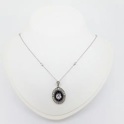 Sapphire and Diamond Oval Cluster Pendant on Diamond Set Chain