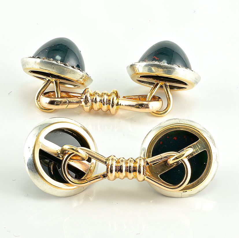 Antique Jasper and Rose Cut Diamond Cluster Cufflinks and Studs Suite