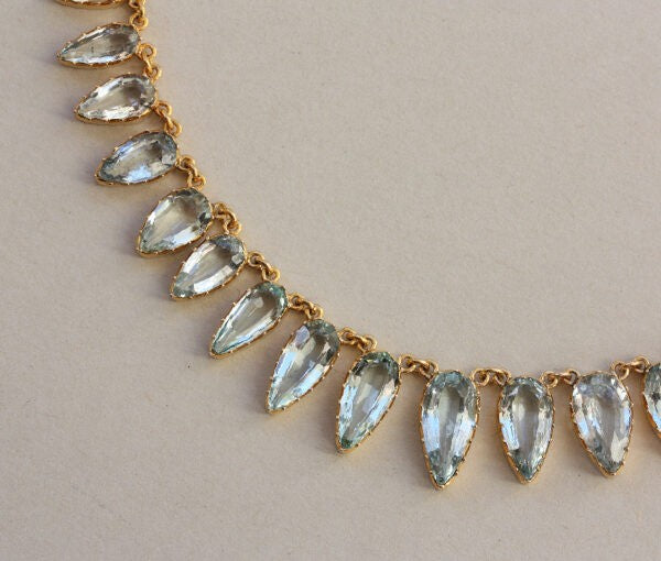 Antique Victorian Aquamarine and Gold Fringe Necklace, mounted in 15ct yellow gold