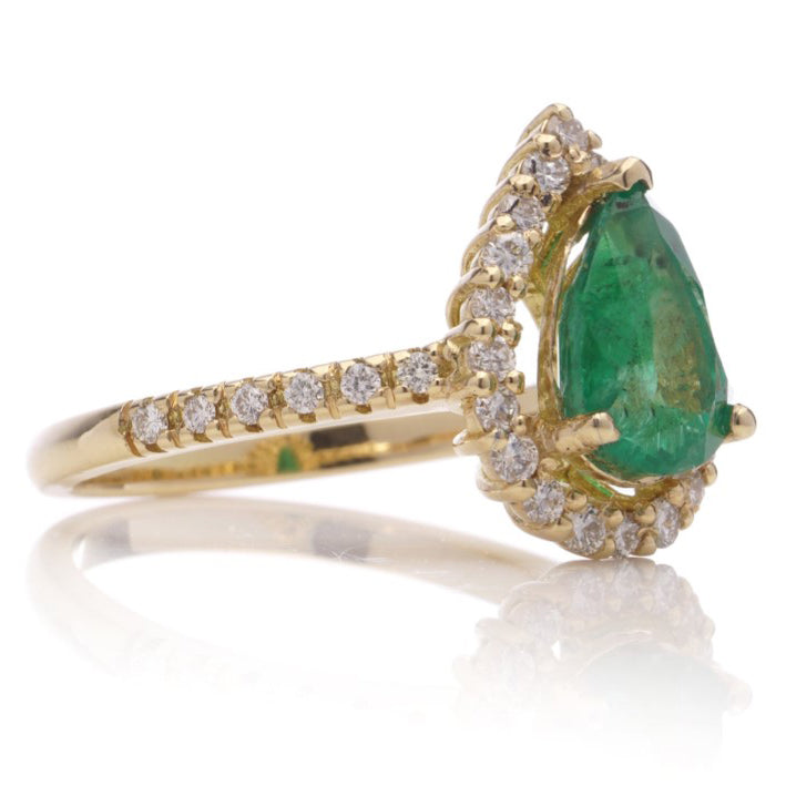 1.60ct Emerald and Diamond Pear Shaped Cluster Engagement Ring in 18ct Yellow Gold