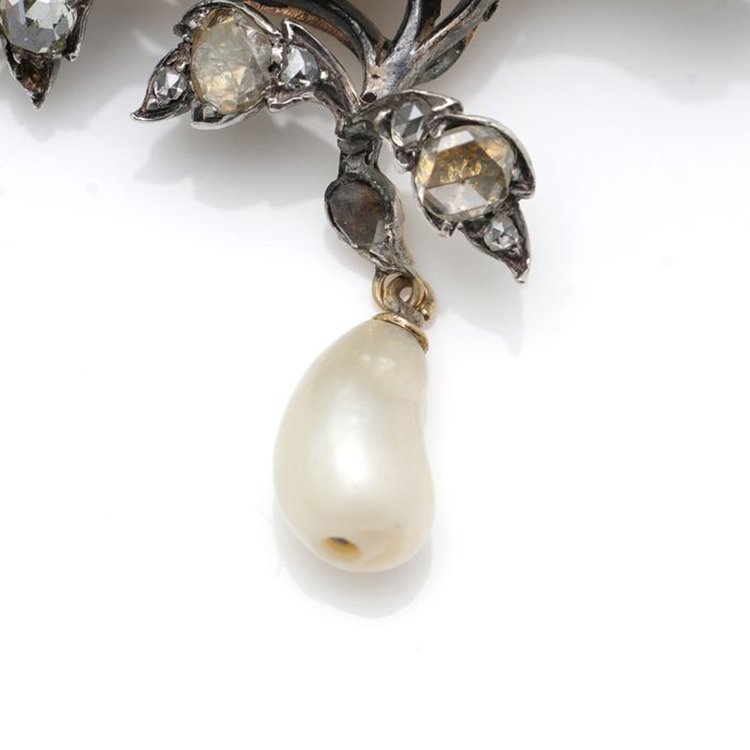 Antique Victorian Garnet, Rose Cut Diamond and Natural Pearl Brooch
