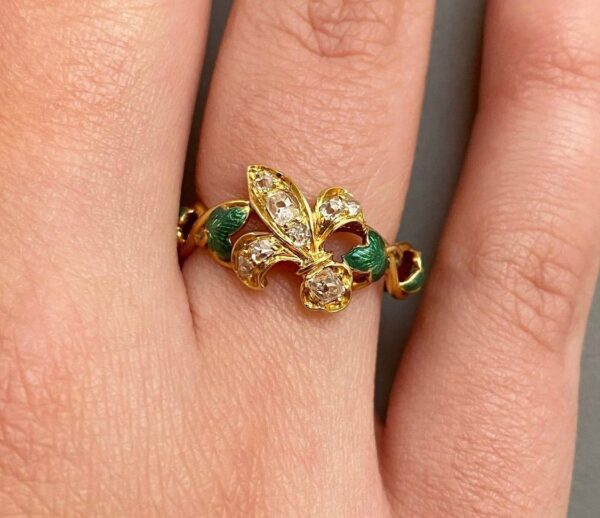 Antique Victorian Fleur de Lis Ring with Old Cut Diamonds and Green Enamel